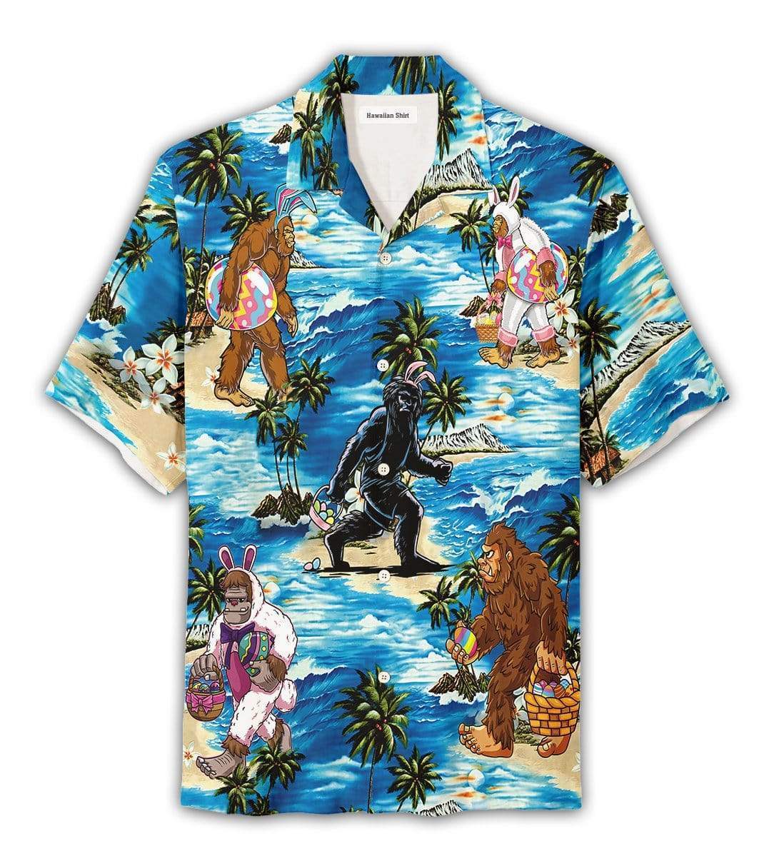 Happy Easter 2021 Bunny Bigfoot Surfing Sunset Summer Unisex Hawaiian Aloha Shirts #DH