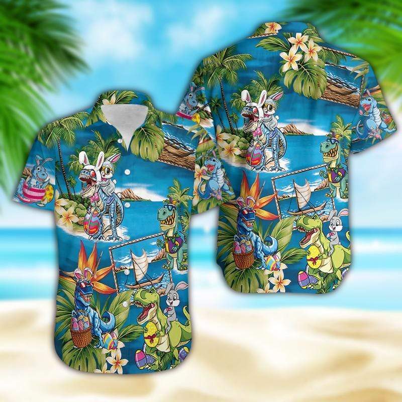 Happy Easter 2021 Amazing Bunny Riding Dinosaur Unisex Hawaiian Aloha Shirts #DH