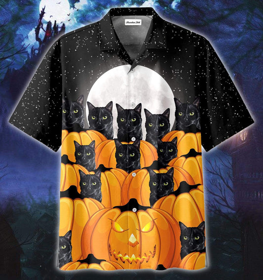 Funny Halloween Pumpkin Black Cat Hawaiian Aloha Shirts