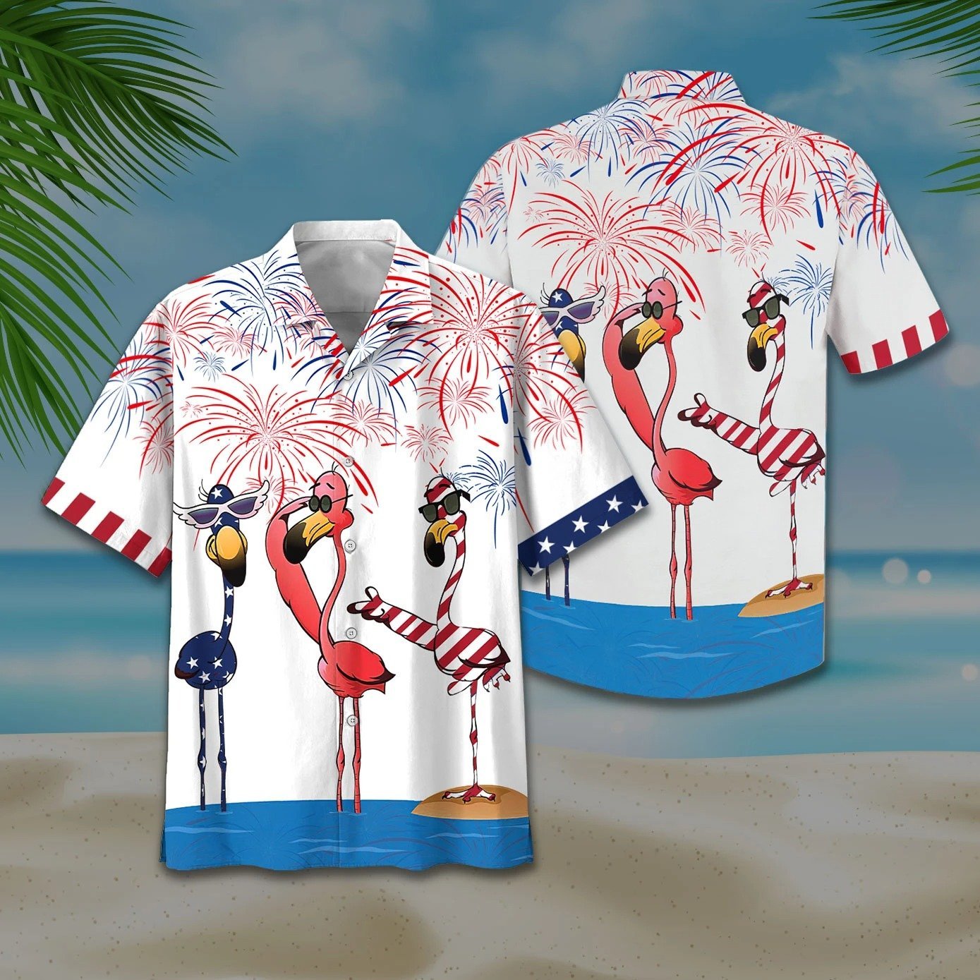 Flamingo American Flag Firework Hawaiian Shirt | For Men & Women | Adult | HW6930