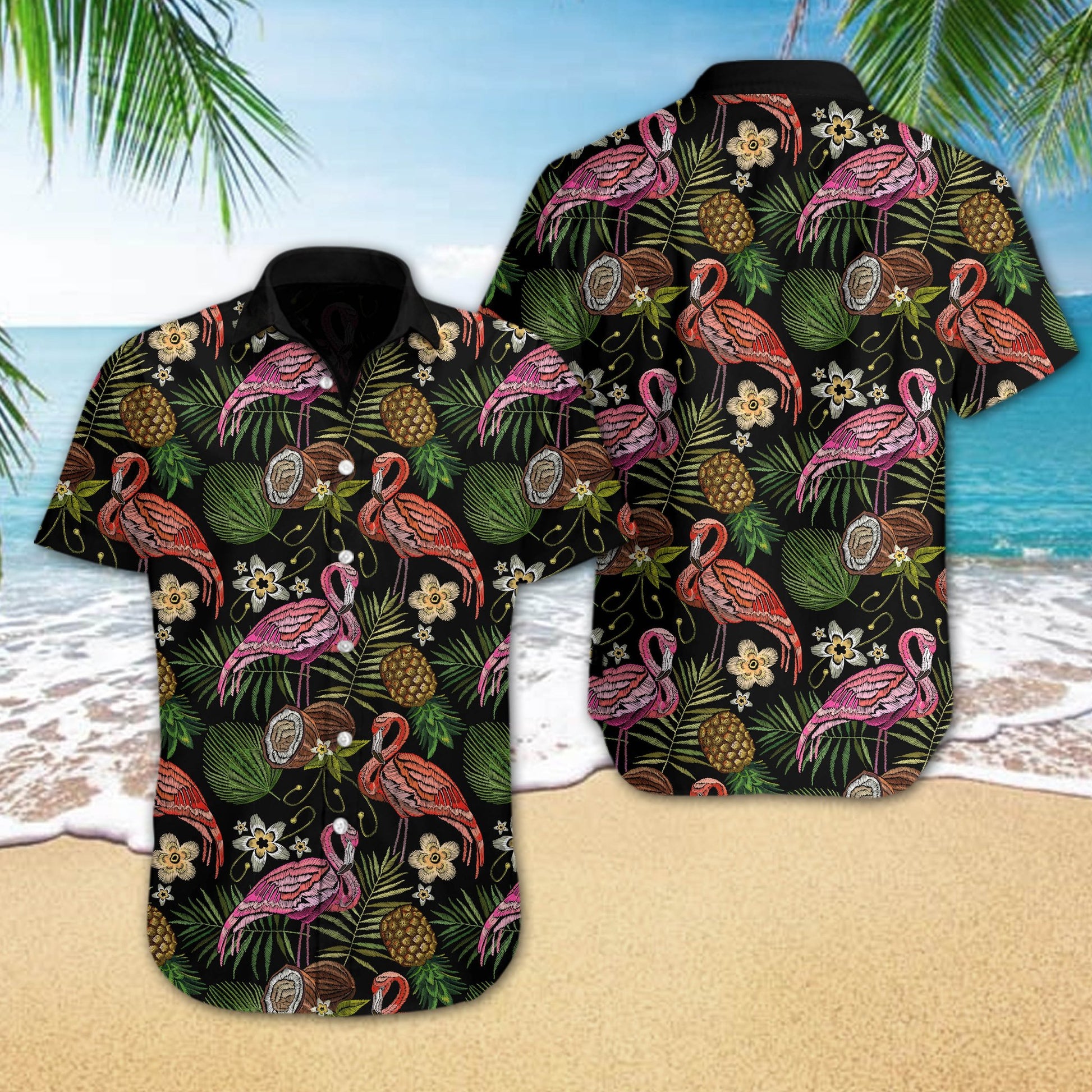 Flamingo Embroidery Hawaiian Shirt 3D