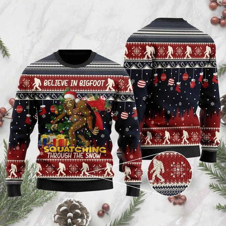 For Believe In Bigfoot Lover Ugly Christmas Sweater 