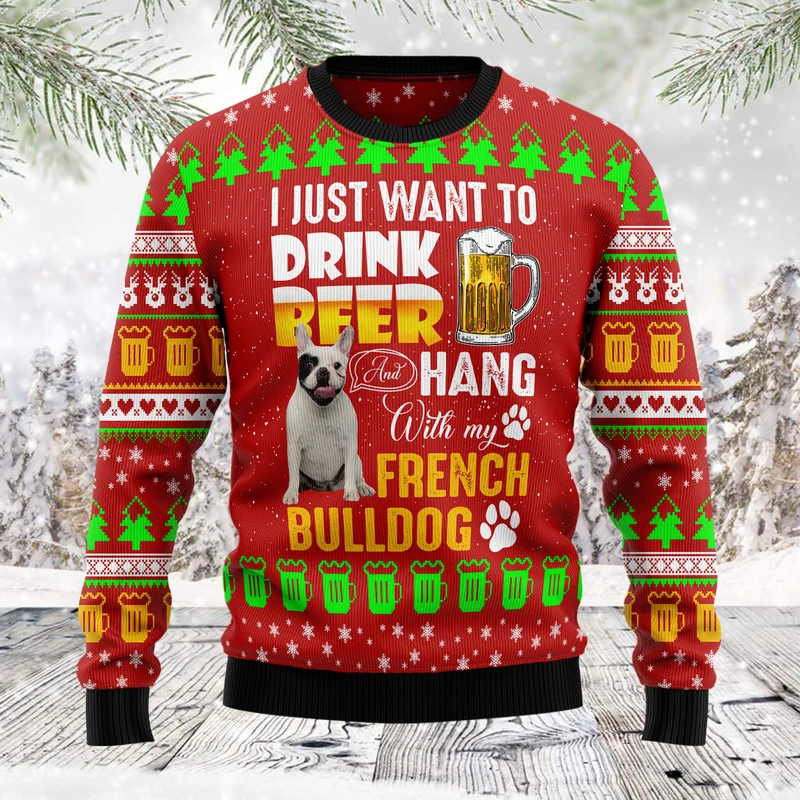 Drink Beer With French Bulldog Ugly Christmas Sweater 