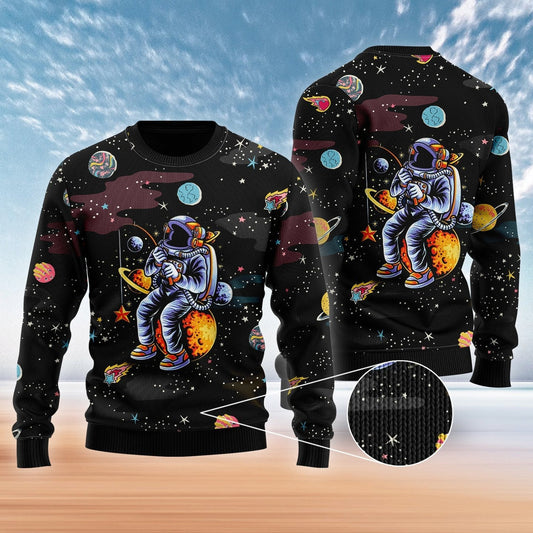 Funny Astronaut Fishing In Space Christmas Ugly Christmas Sweater 