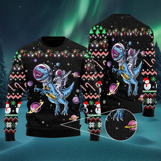 Astronauts Ride A T Rex In Space With The Planet Ugly Christmas Sweater 