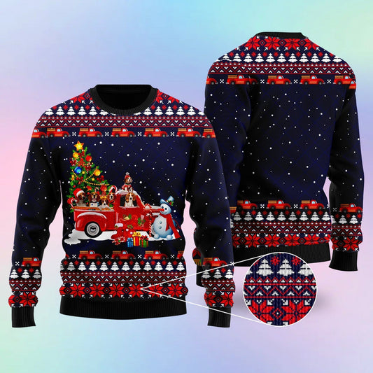 Funny Dogs With Red Truck Christmas Holiday Ugly Christmas Sweater 