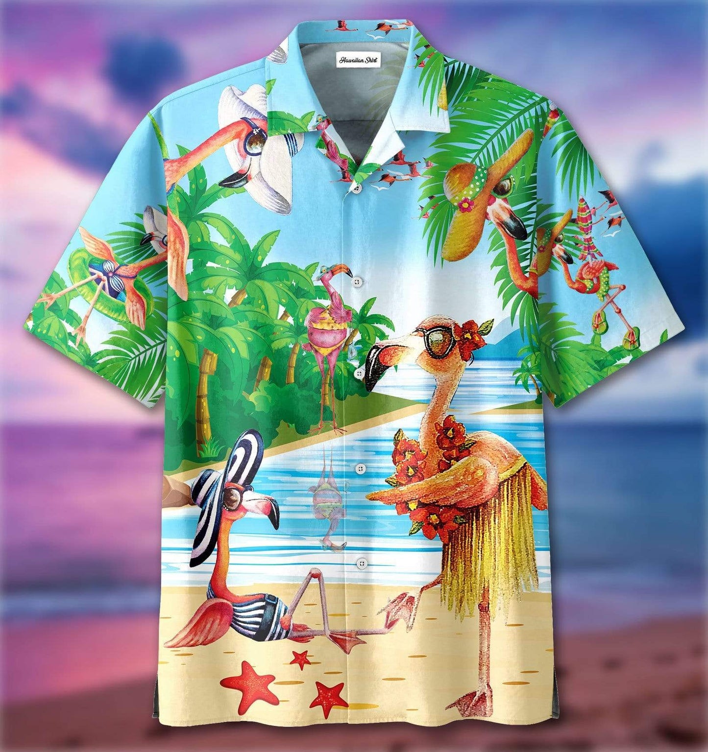 Funny Flamingoes On Beach Tropical Unisex Hawaiian Aloha Shirts