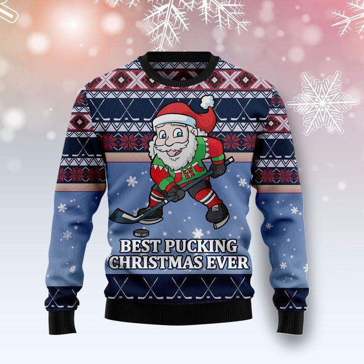 Funny Santa Playing Hockey Ugly Christmas Sweater 