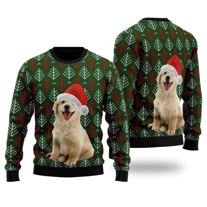 Golden Retriever Puppy Wears Santa Hat Ugly Christmas Sweater 