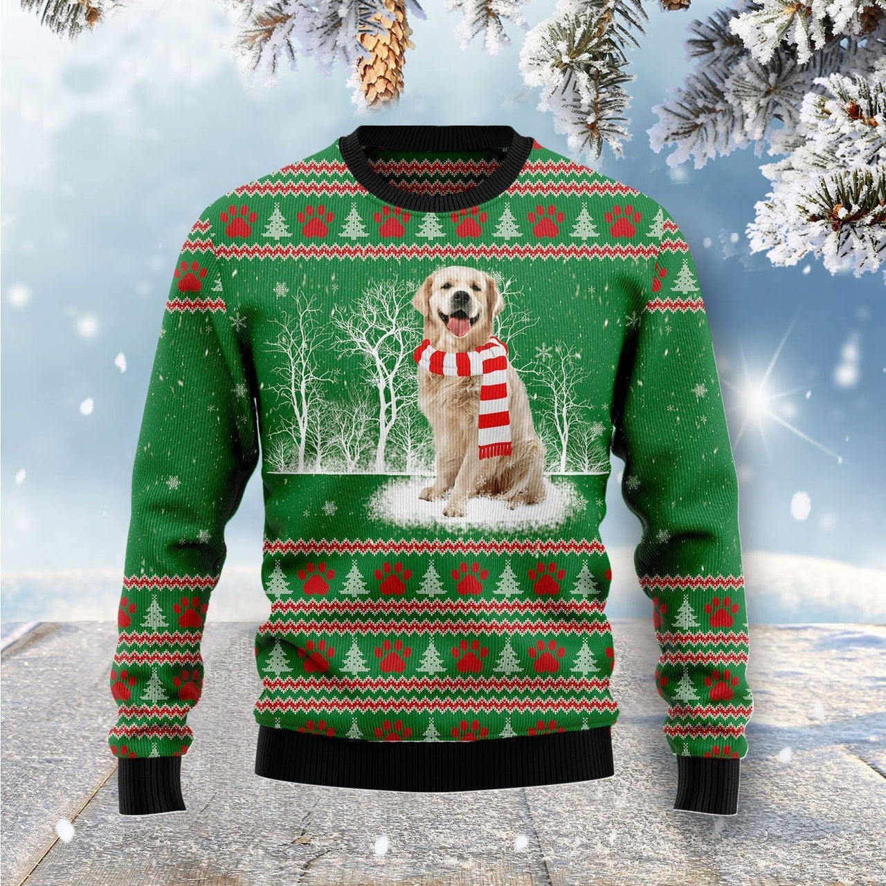 Golden Retriever Winter Tree Ugly Christmas Sweater 