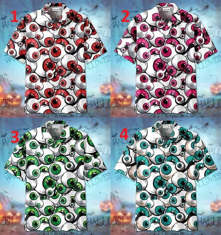 Ugly Scary Halloween Monster Eyes Hawaiian Aloha Shirts Many Colors