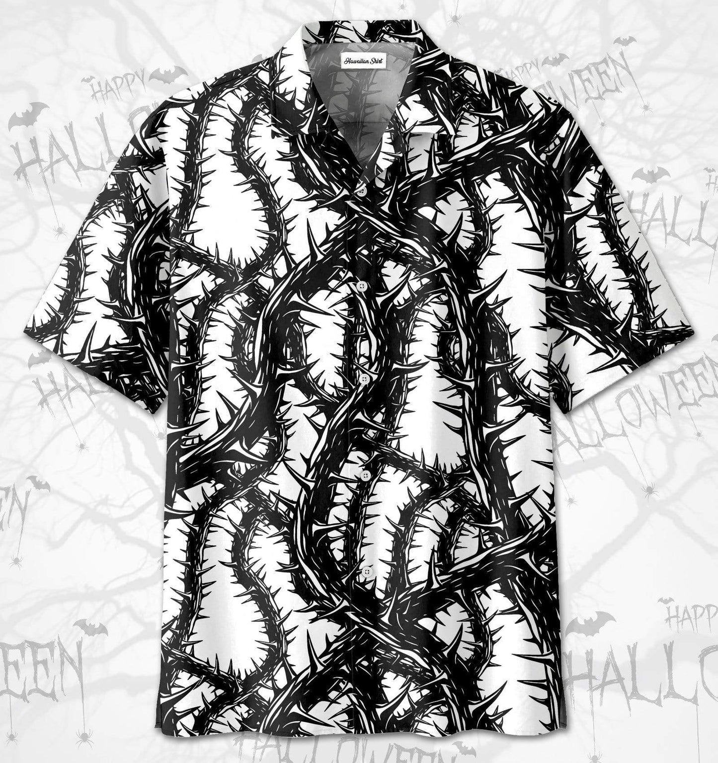 Horror Art White Pattern Halloween Scary Tree Hawaiian Aloha Shirts