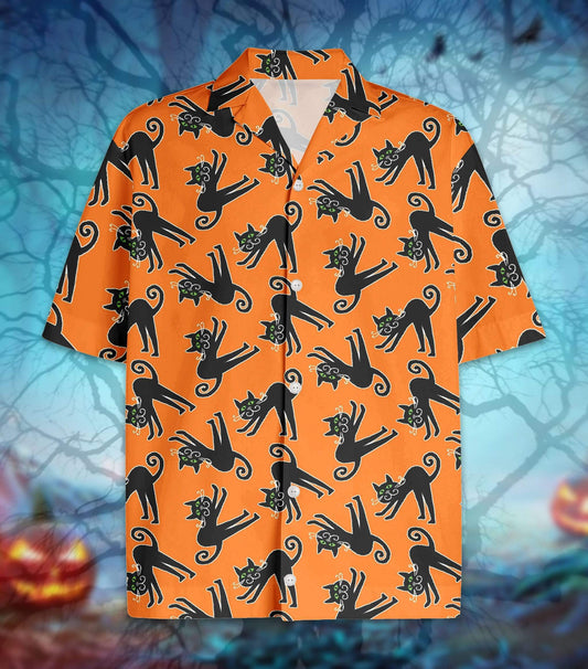 Orange Halloween Cute Black Cat Pattern Hawaiian Aloha Shirts