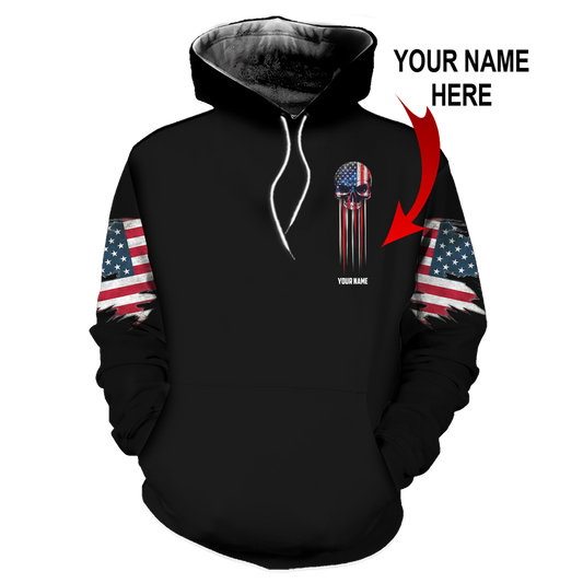 Skull Gifts Crack Skull American Flag Personalized Name 3D All Over Printed US Unisex Size Hoodie