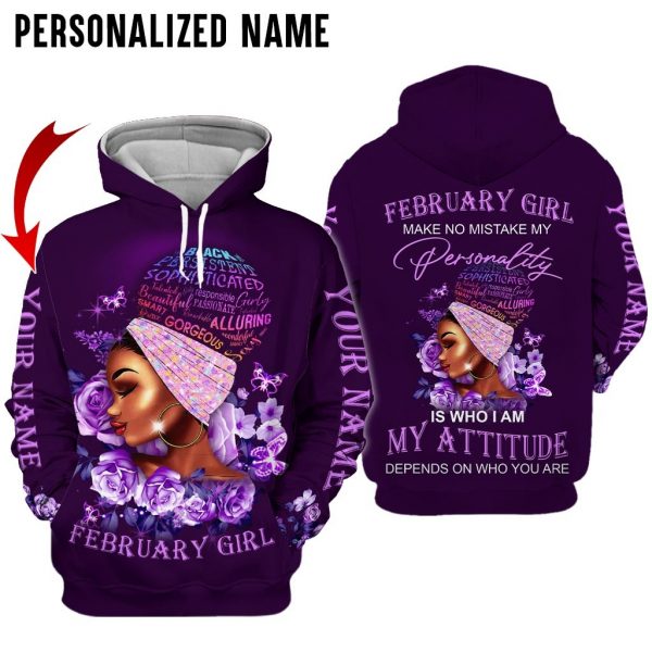 Personalized Name Black February Girl Was Born in February 3D All Over Printed Unisex Hoodie US Size