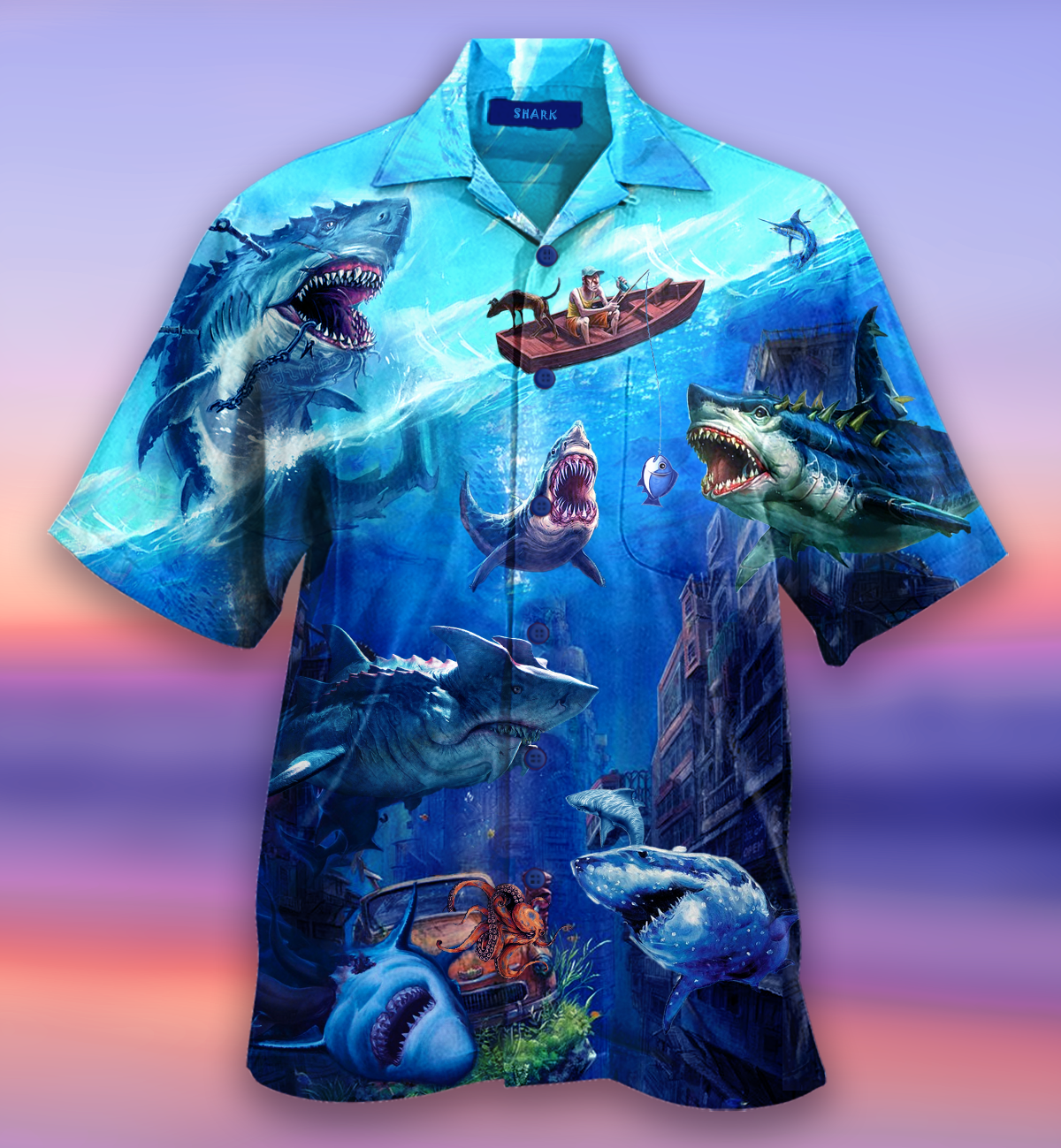 Fishing Shark With Small Ship Hawaiian Shirt