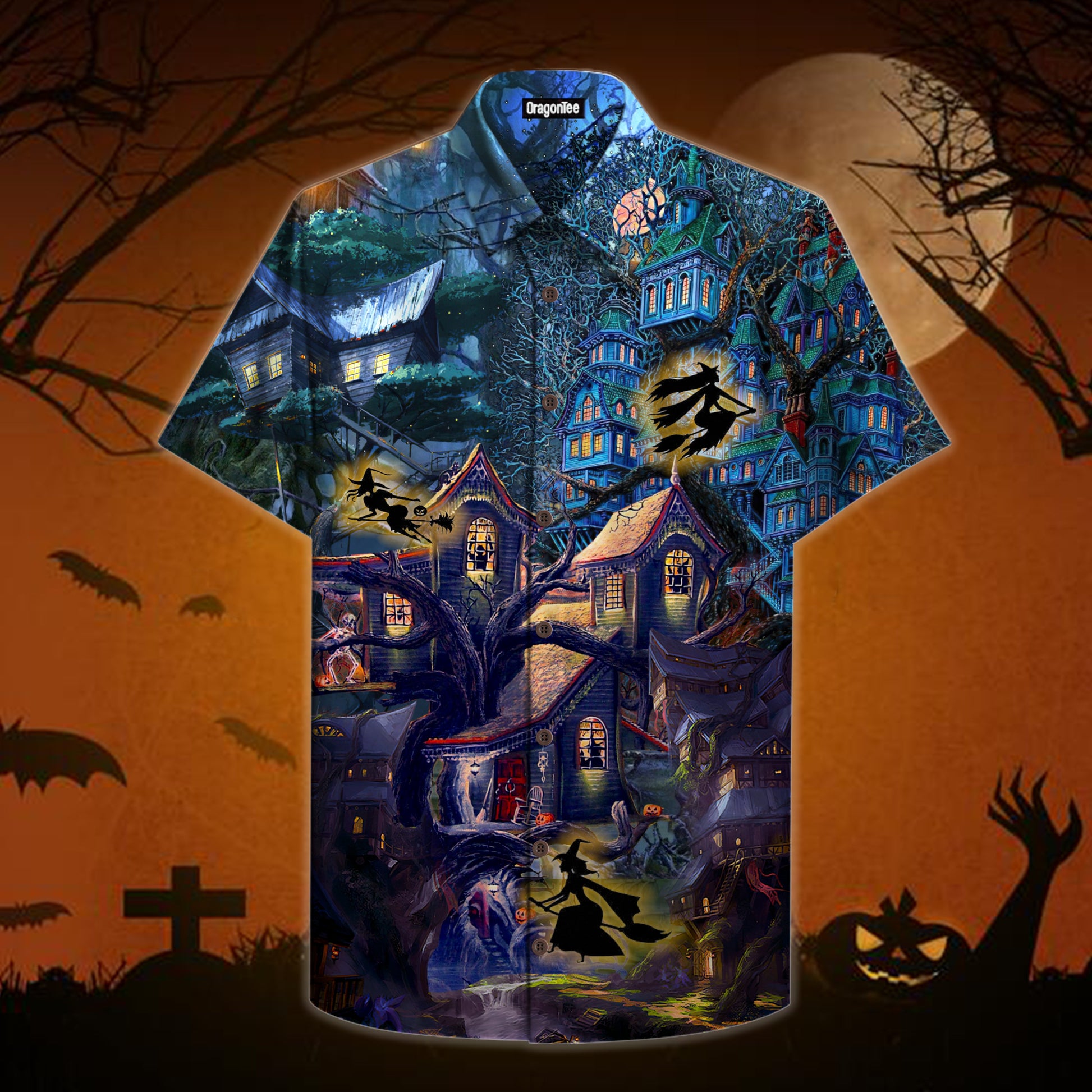 OragonTee Halloween Scary Witch Tree House Hawaiian Shirt | For Men & Women | Adult | HW4202