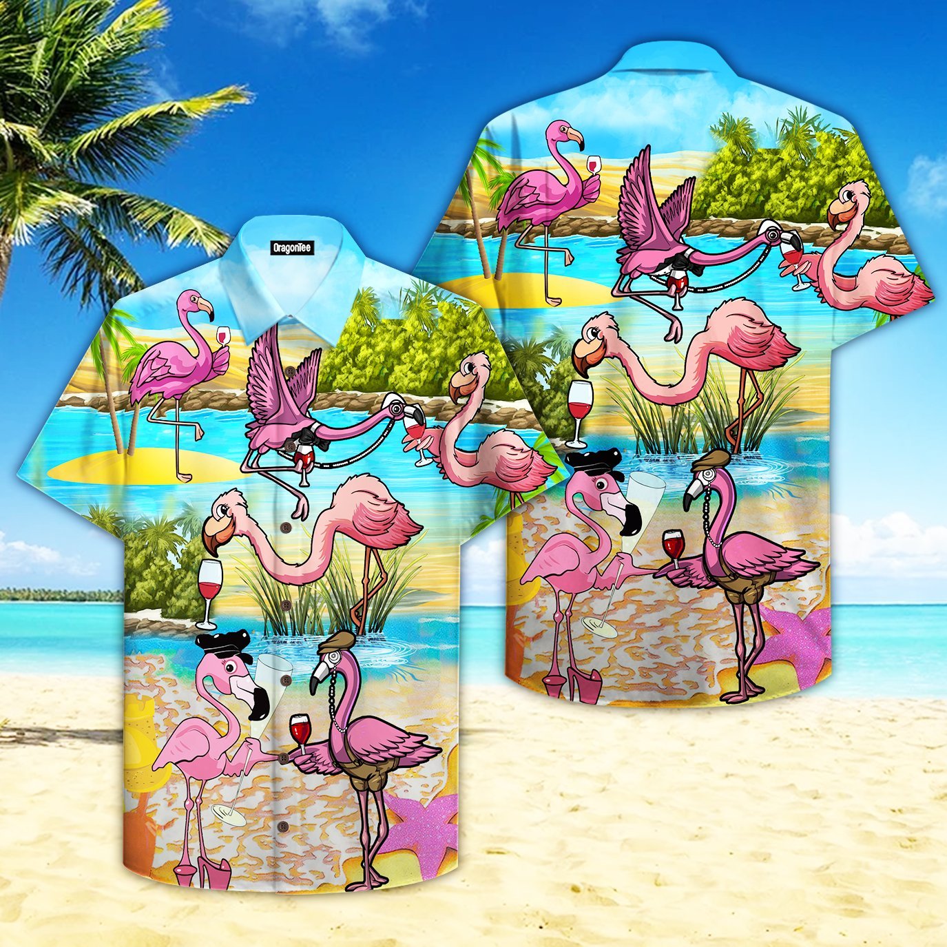 OragonTee Pink Flamingo Drink Wine Party Hawaiian Shirt | For Men & Women | Adult | HW4739