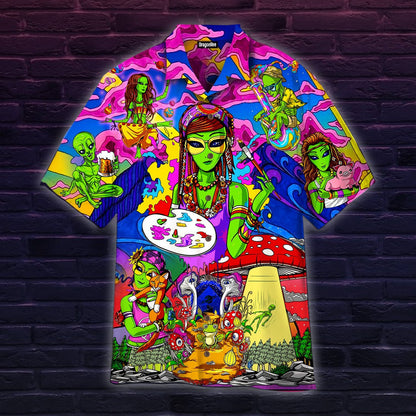 OragonTee Alien In The World Of Mushrooms Hippie Hawaiian Shirt | For Men & Women | Adult | HW4884