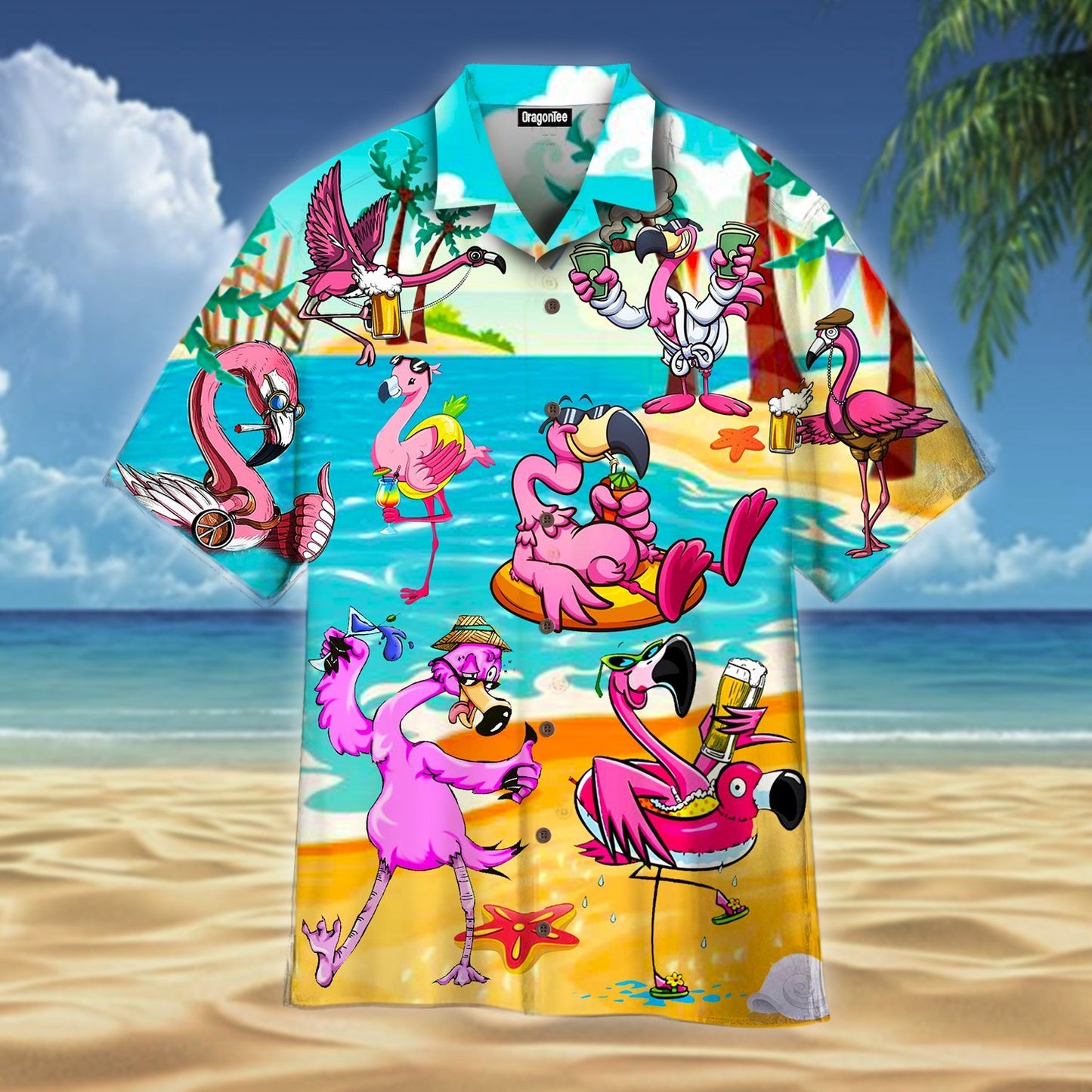 OragonTee Flamingo Beach Funny Hawaiian Shirt | For Men & Women | Adult | HW4973