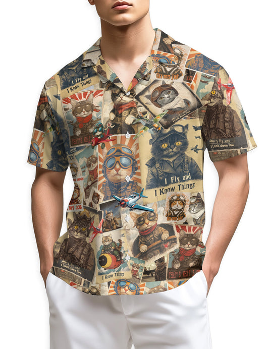 Retro Pilot Cat Hawaiian Shirt for Men, Button Down Aloha Shirt - Azhawaiian