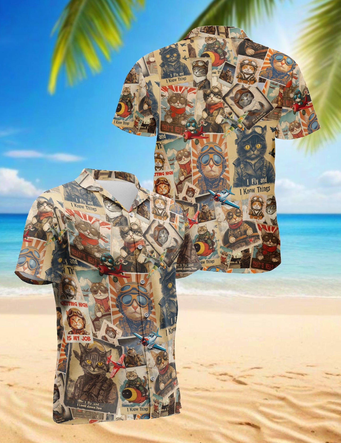 Retro Pilot Cat Hawaiian Shirt for Men, Button Down Aloha Shirt - Azhawaiian