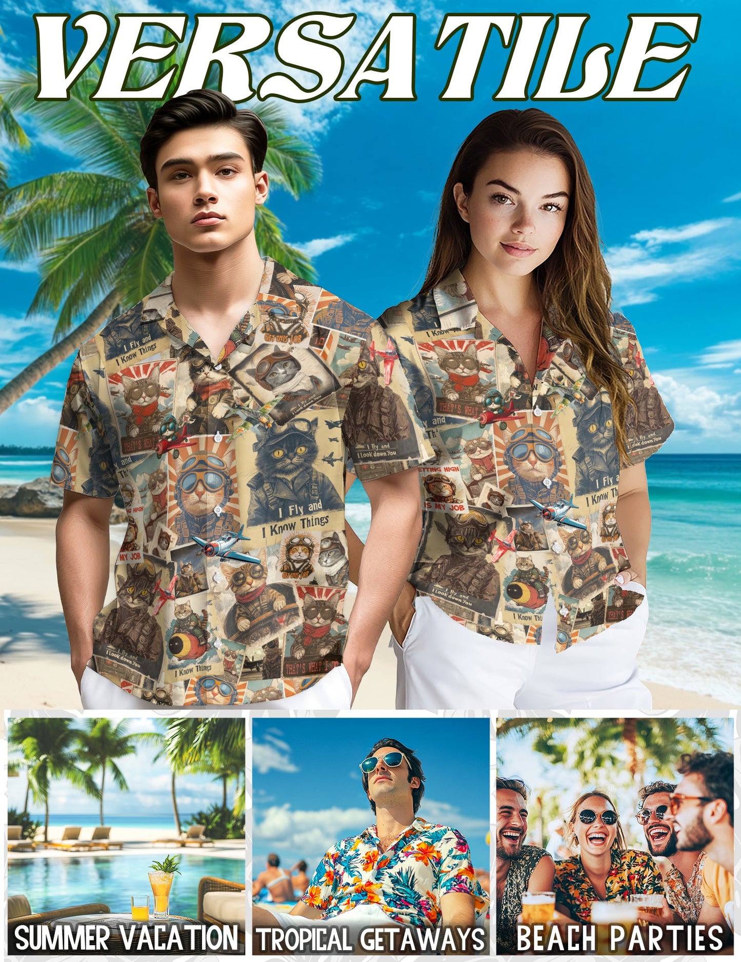 Retro Pilot Cat Hawaiian Shirt for Men, Button Down Aloha Shirt - Azhawaiian