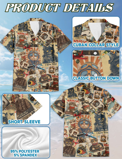 Retro Pilot Cat Hawaiian Shirt for Men, Button Down Aloha Shirt - Azhawaiian