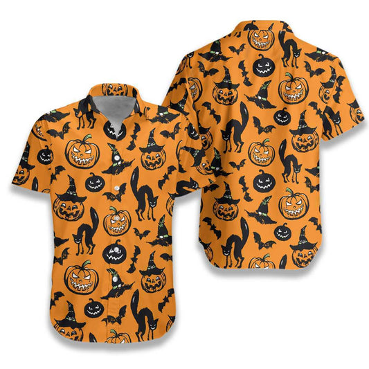 Halloween - Scary Halloween Black Cat Pumpkin And Bat Orange Unisex Hawaiian Shirts