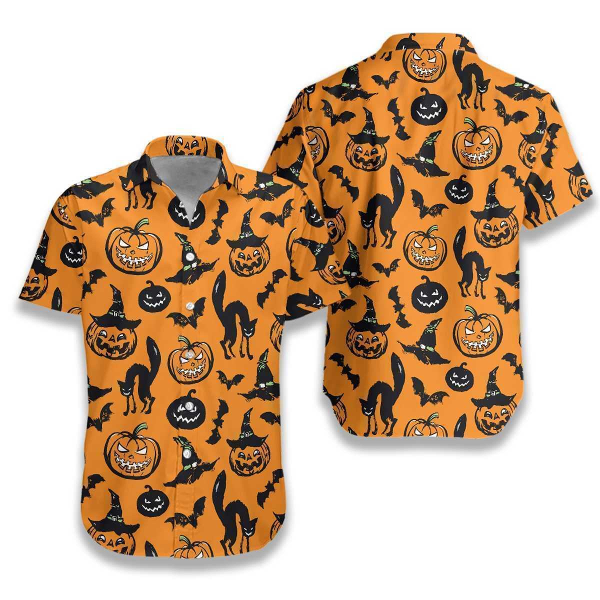 Halloween Black Cat Pumpkin And Bat Orange Hawaiian Shirt | For Women Men