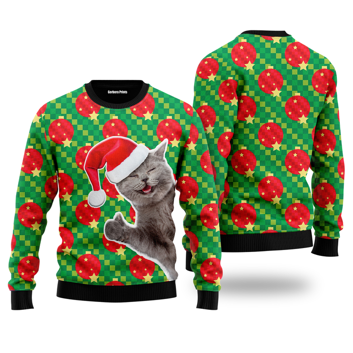 Happy Cat With Ornarment Christmas Ball Ugly Christmas Sweater 