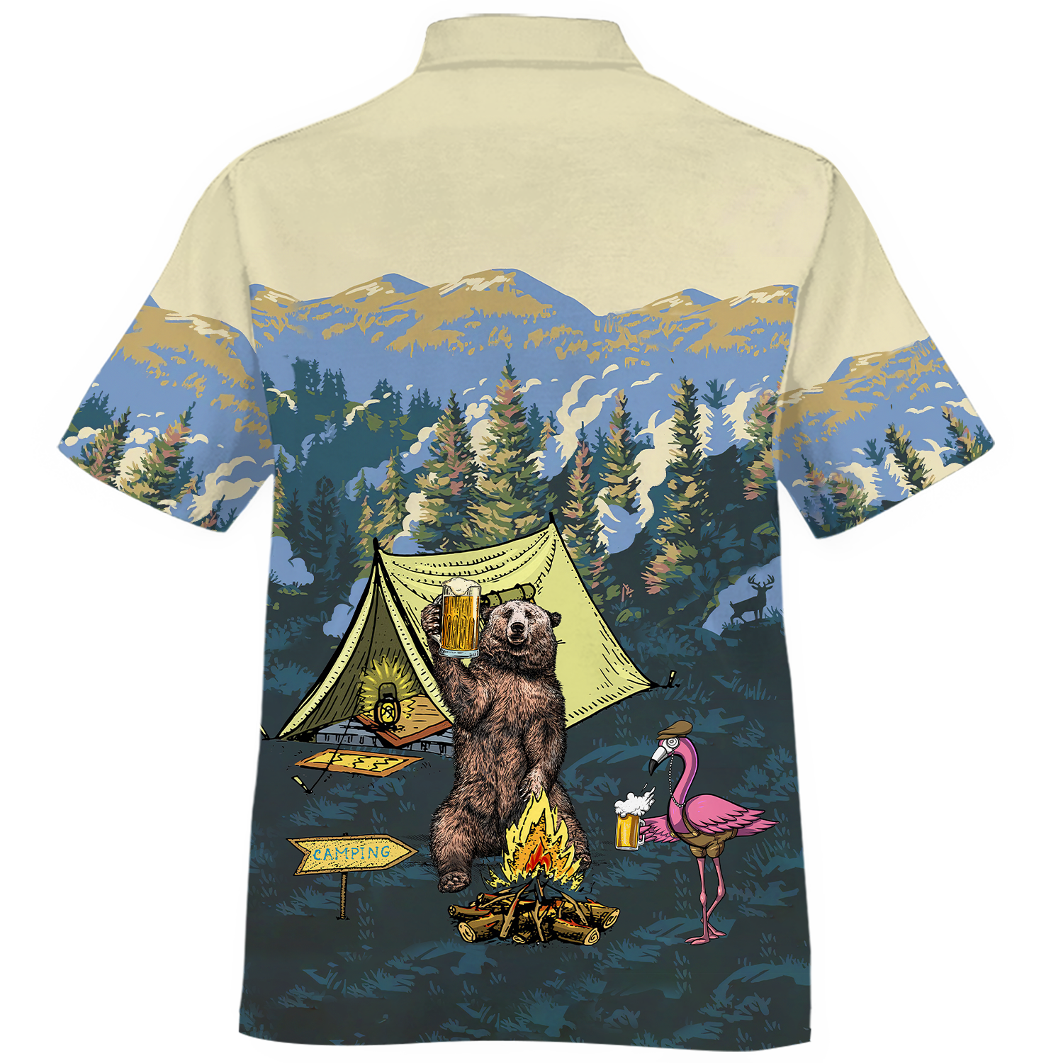 America - Happy Camper Bear & Flamingo Style Hawaii Shirt Hawaiian Shirt