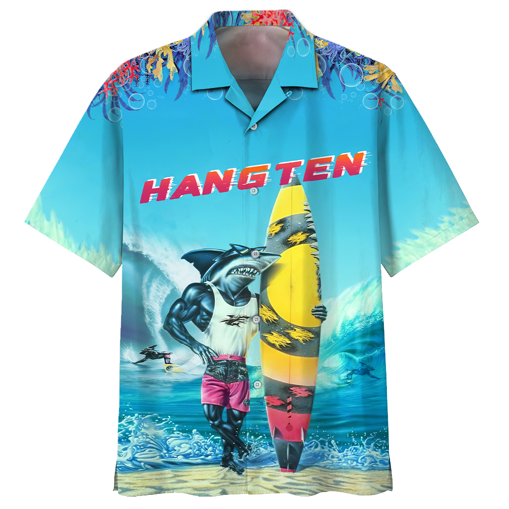 America Shark Hang Ten Hawaiian Shirt Lha230701S