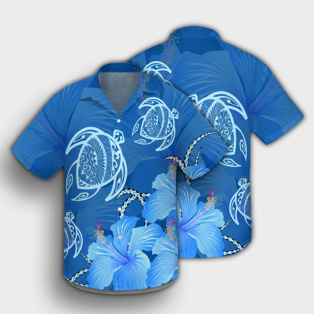 Hawaii Blue Hibiscus Turtle Polynesian Hawaiian Shirt - AH