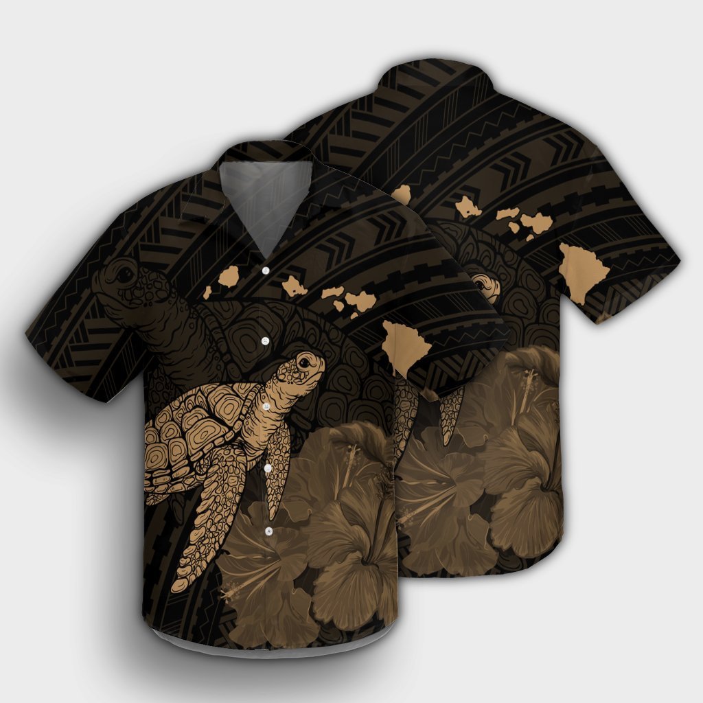 Hawaii Polynesian Hibiscus Turtle Map Hawaiian Shirt Gold - AH