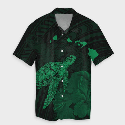 Hawaii Polynesian Hibiscus Turtle Map Hawaiian Shirt Green - AH