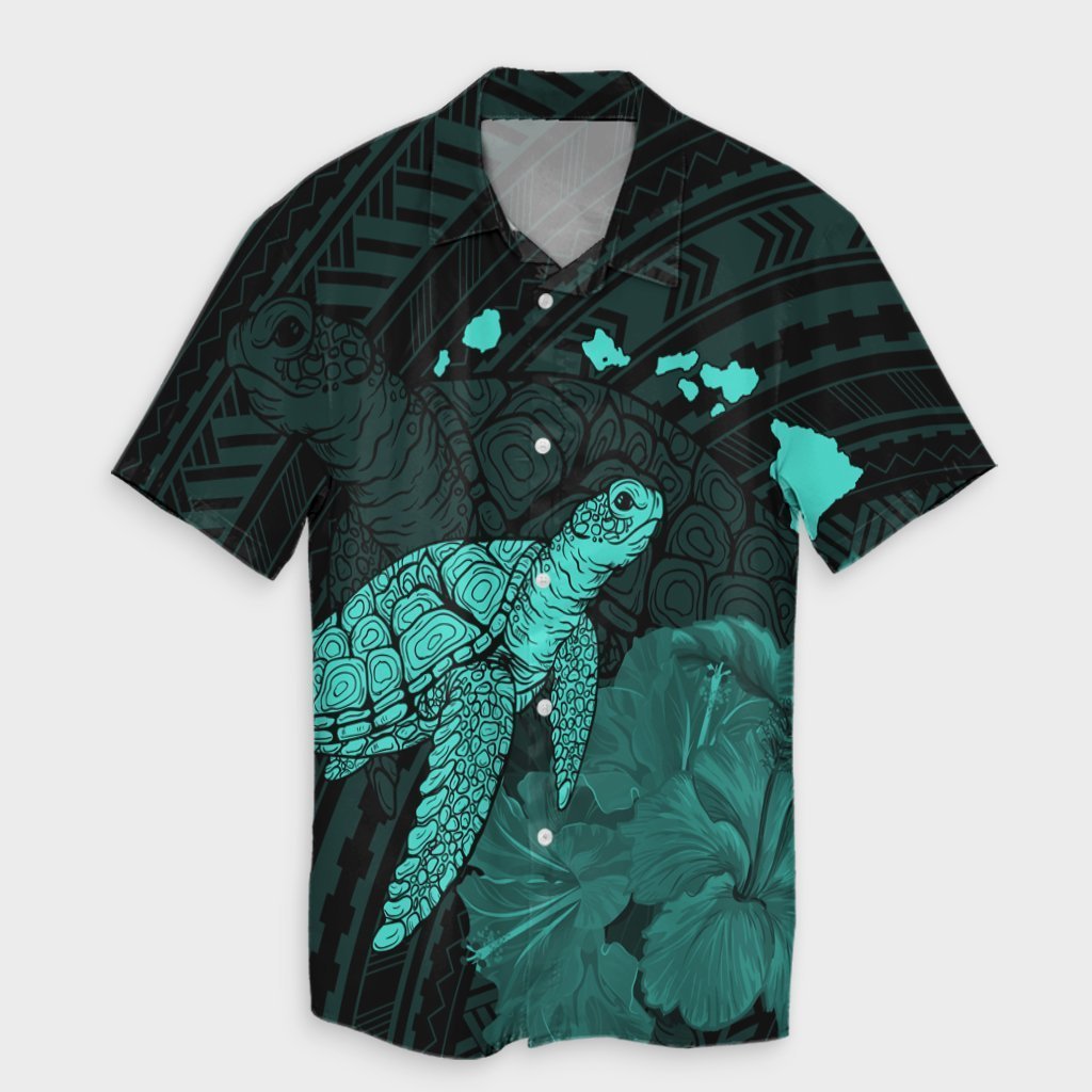 Hawaii Polynesian Hibiscus Turtle Map Hawaiian Shirt Turquoise - AH