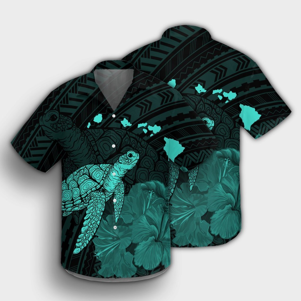 Hawaii Polynesian Hibiscus Turtle Map Hawaiian Shirt Turquoise - AH