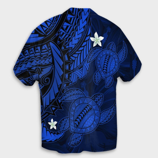 Hawaii Polynesian Turtle Hibiscus Hawaiian Shirt - Blue - AH