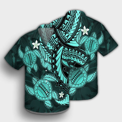 Hawaii Polynesian Turtle Hibiscus Hawaiian Shirt - Turquoise - AH