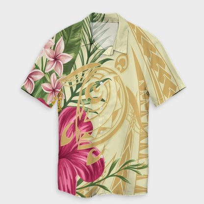 Hawaii Polynesian Turtle Tropical Hibiscus Plumeria Hawaiian Shirt - Beige - AH