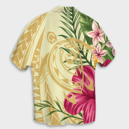 Hawaii Polynesian Turtle Tropical Hibiscus Plumeria Hawaiian Shirt - Beige - AH