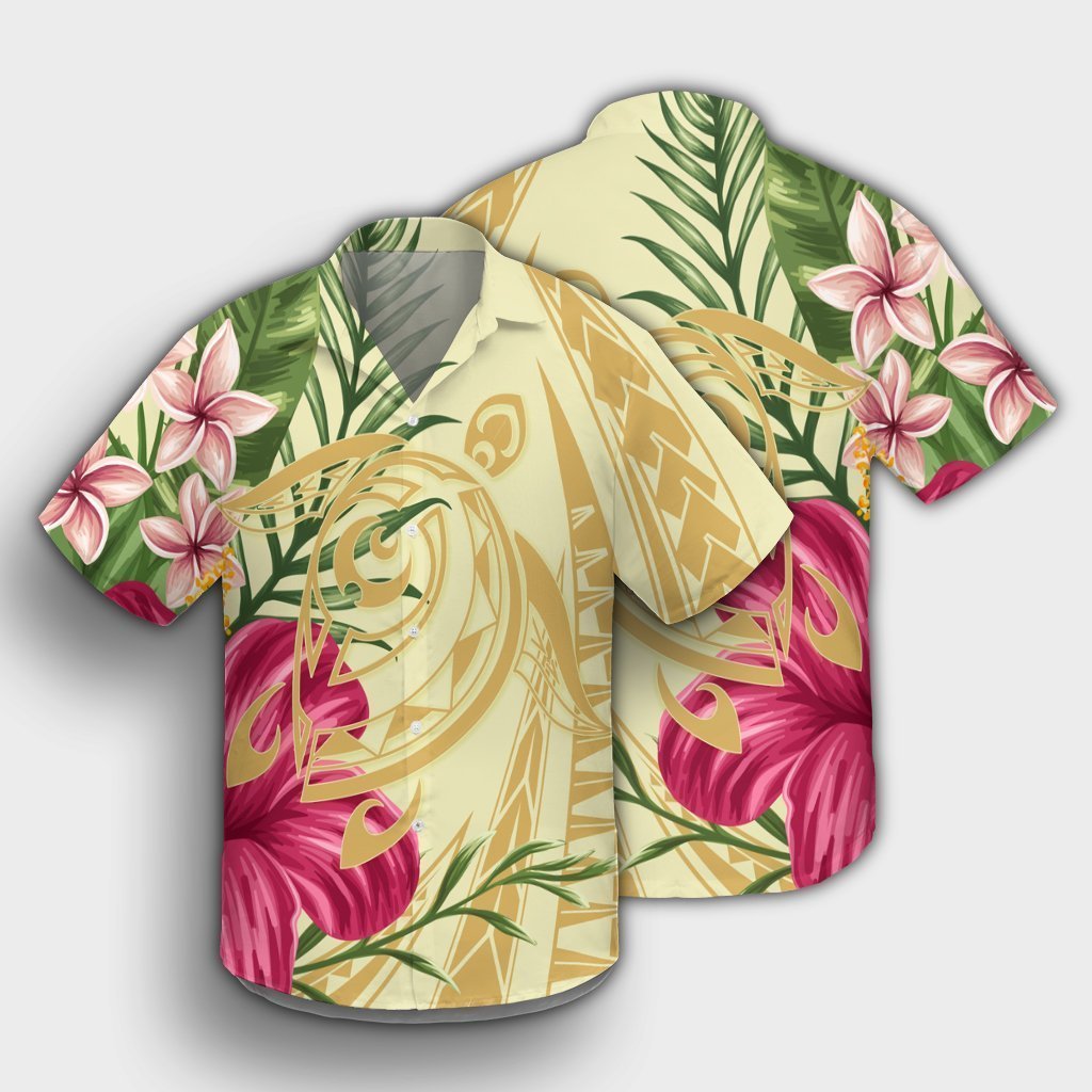 Hawaii Polynesian Turtle Tropical Hibiscus Plumeria Hawaiian Shirt - Beige - AH