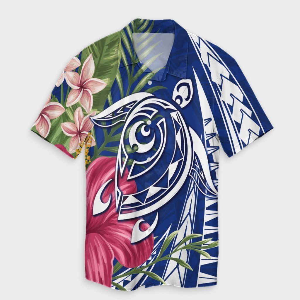 Hawaii Polynesian Turtle Tropical Hibiscus Plumeria Hawaiian Shirt - Blue - AH