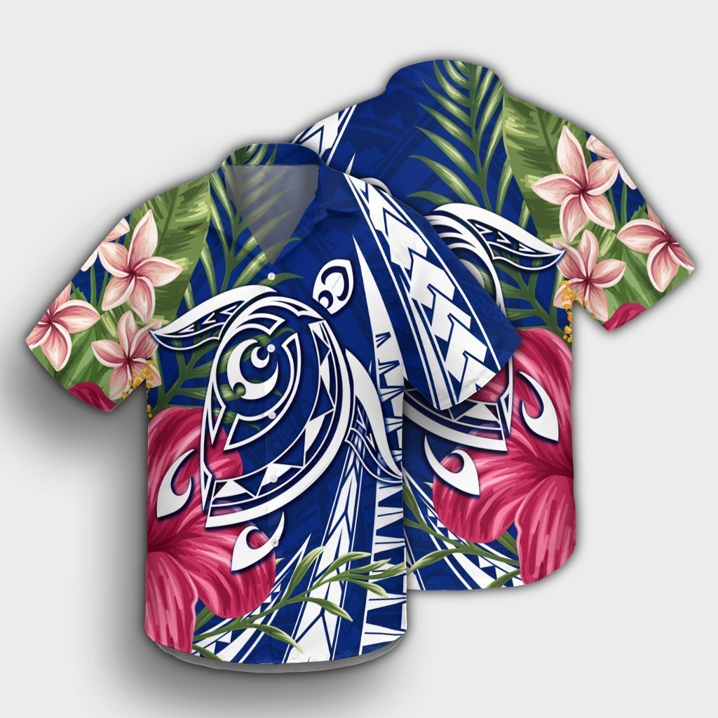 Hawaii Polynesian Turtle Tropical Hibiscus Plumeria Hawaiian Shirt - Blue - AH