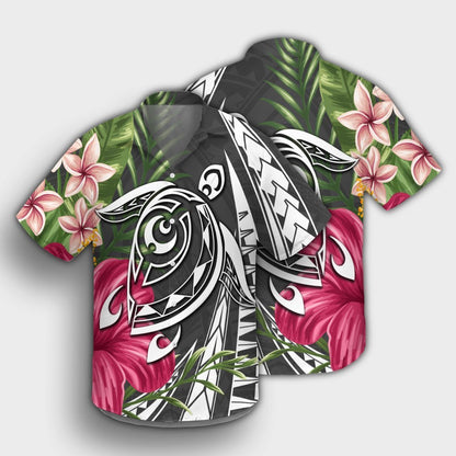 Hawaii Polynesian Turtle Tropical Hibiscus Plumeria Hawaiian Shirt - Gray - AH