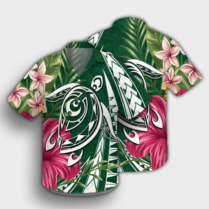 Hawaii Polynesian Turtle Tropical Hibiscus Plumeria Hawaiian Shirt - Green - AH