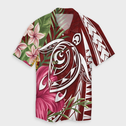 Hawaii Polynesian Turtle Tropical Hibiscus Plumeria Hawaiian Shirt - Red - AH