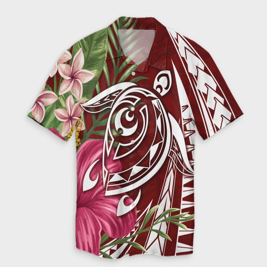 Hawaii Polynesian Turtle Tropical Hibiscus Plumeria Hawaiian Shirt - Red - AH