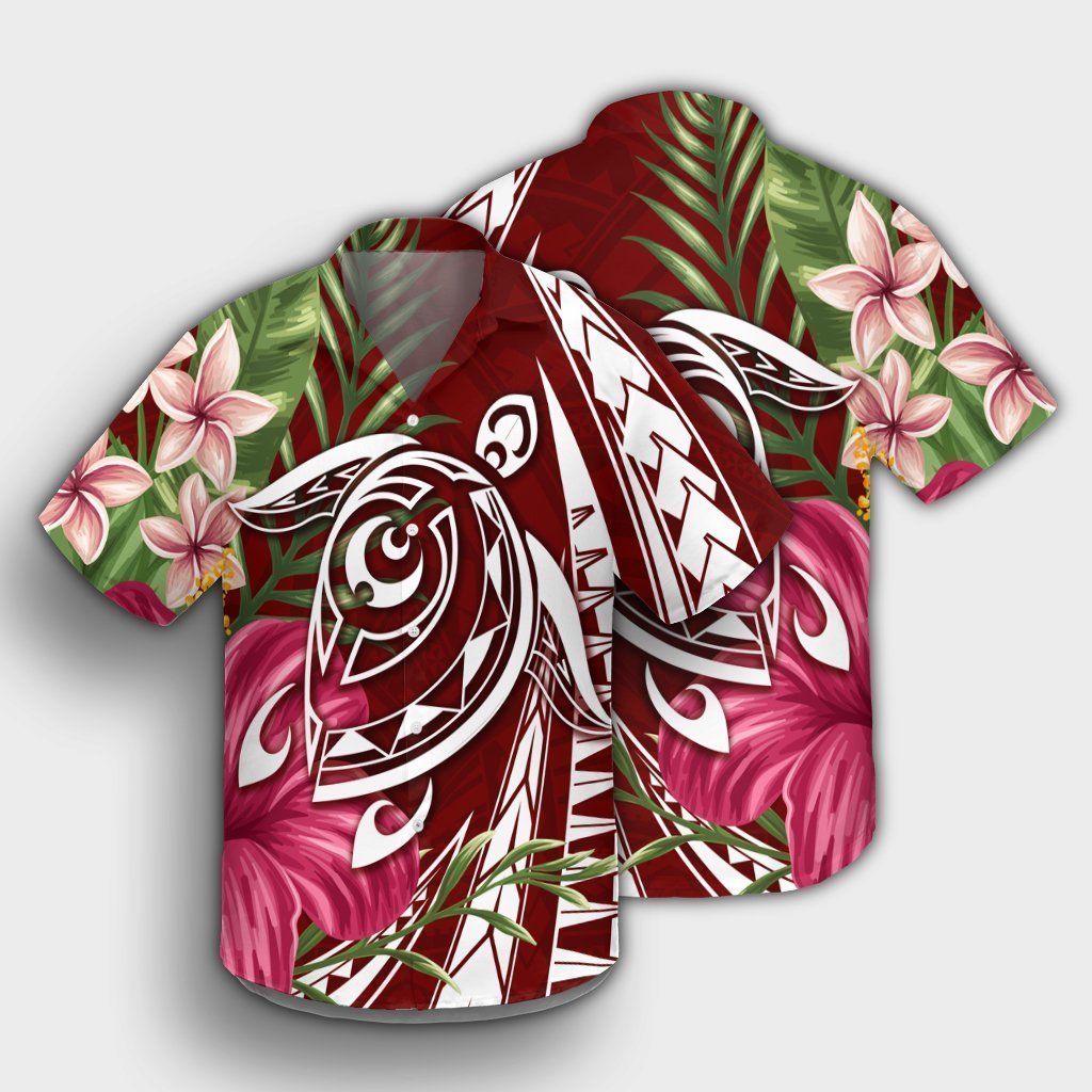 Hawaii Polynesian Turtle Tropical Hibiscus Plumeria Hawaiian Shirt - Red - AH